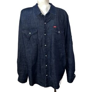 Wrangler Mens 2XL Dark Wash Denim Western Pearl Snap Long Sleeve Shirt Indigo